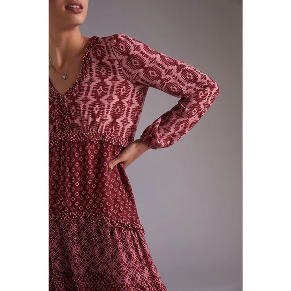 Anthropologie Tiered V-Neck Mini Dress Size XS. B-4 - Picture 2 of 7